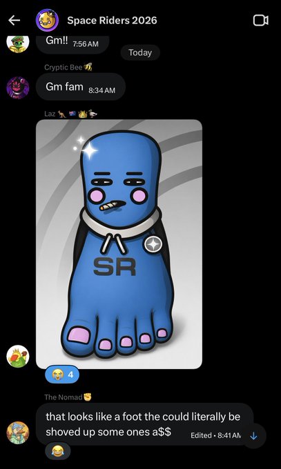 A chat interface named 'Space Riders 2026' showing messages and a cartoon image of a blue, multi-legged creature wearing a spacesuit with 'SR' on its chest.