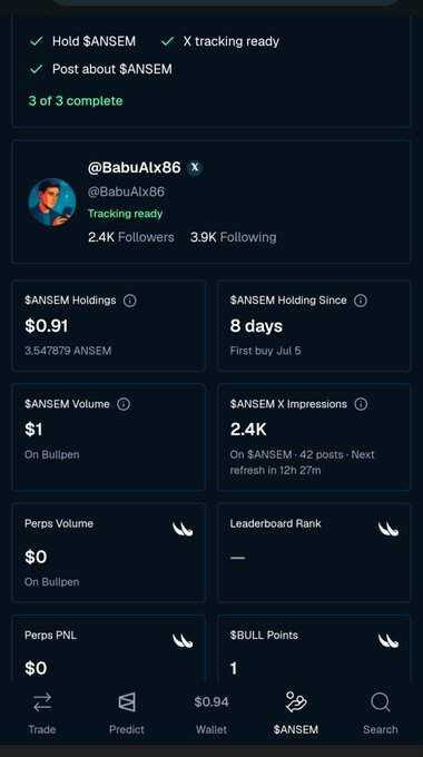 A mobile app screenshot showing a $ANSEM cryptocurrency tracking dashboard for @BabuAlx86, displaying holdings of $0.91, 8 days holding since first buy Jul 5, and 2.4K X impressions.