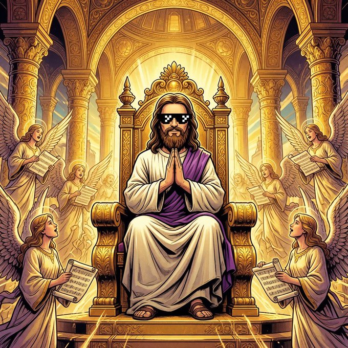 A stylized illustration of Jesus wearing pixelated "deal with it" sunglasses, sitting on a golden throne with hands clasped in prayer, surrounded by angels holding sheet music.