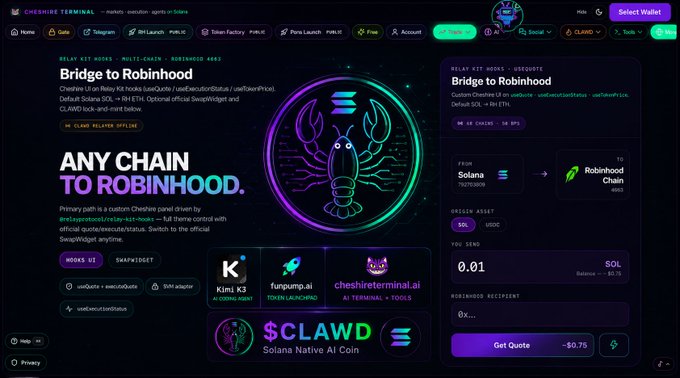 Screenshot of Cheshire Terminal website showing 'Bridge to Robinhood' interface with a neon lobster logo, $CLAWD Solana Native AI Coin promotion, and a swap widget converting 0.01 SOL to Robinhood Chain.