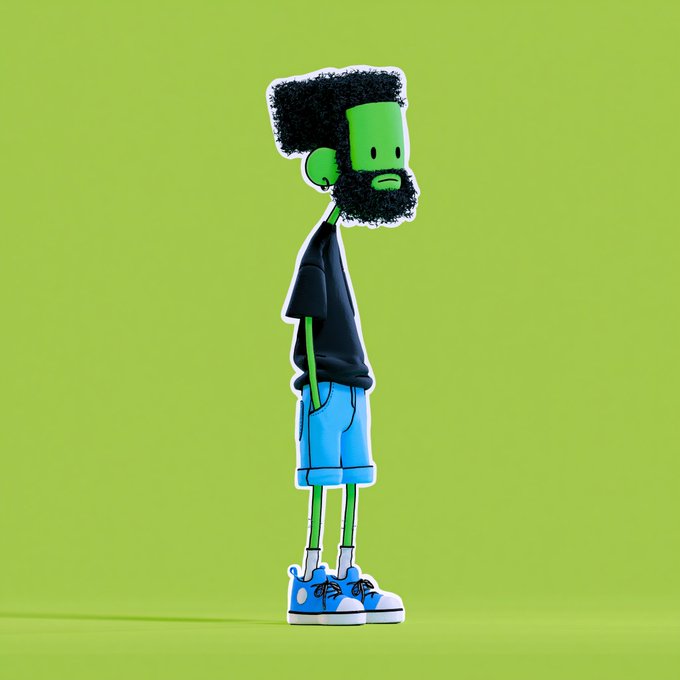 A 3D rendered cartoon character with a green head, black afro and beard, black shirt, blue shorts, and blue sneakers stands against a green background.