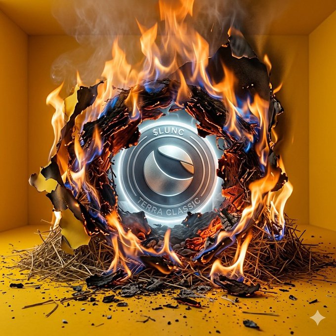 urn of fire with a silver coin and logo, surrounded by burning hay and flames on a yellow background.