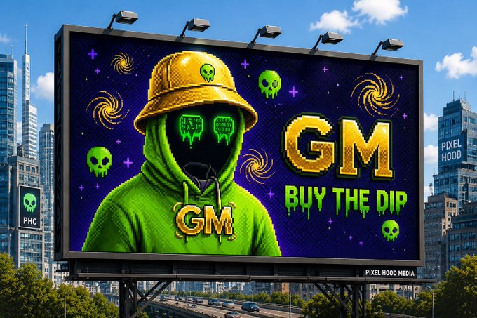 A large outdoor billboard advertisement displays a green-hooded figure wearing a yellow bucket hat and pixelated sunglasses, with the text 'GM' and 'BUY THE DIP' branded by 'PIXEL HOOD MEDIA'.