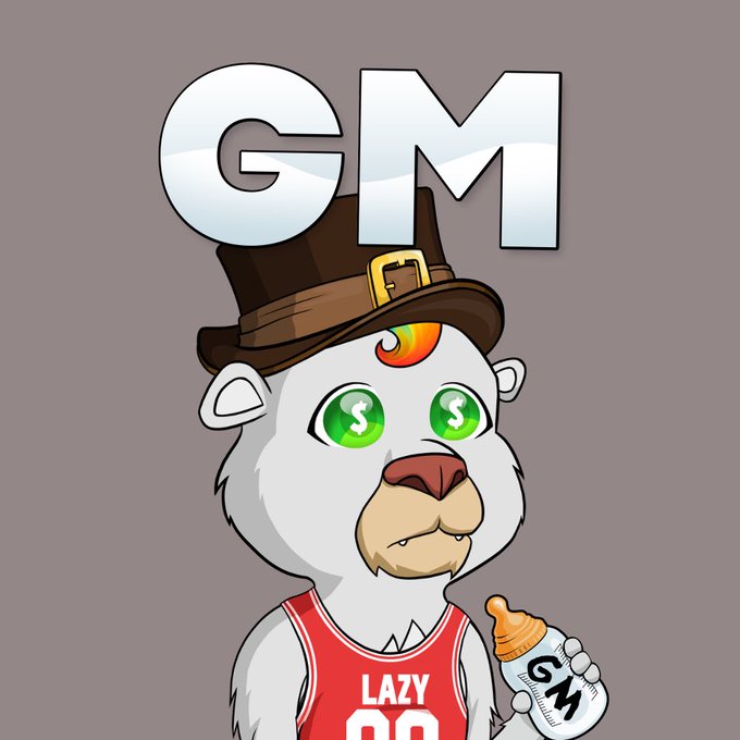 GM meme coin mascot featuring a cartoon bear wearing a pilgrim hat and red 'LAZY 00' jersey, with dollar signs in its eyes, holding a GM baby bottle.