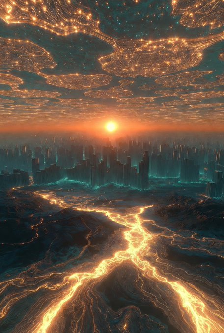 A surreal digital artwork depicting a glowing river of light flowing through a dark landscape toward a distant futuristic city skyline under an ornate, illuminated sky.