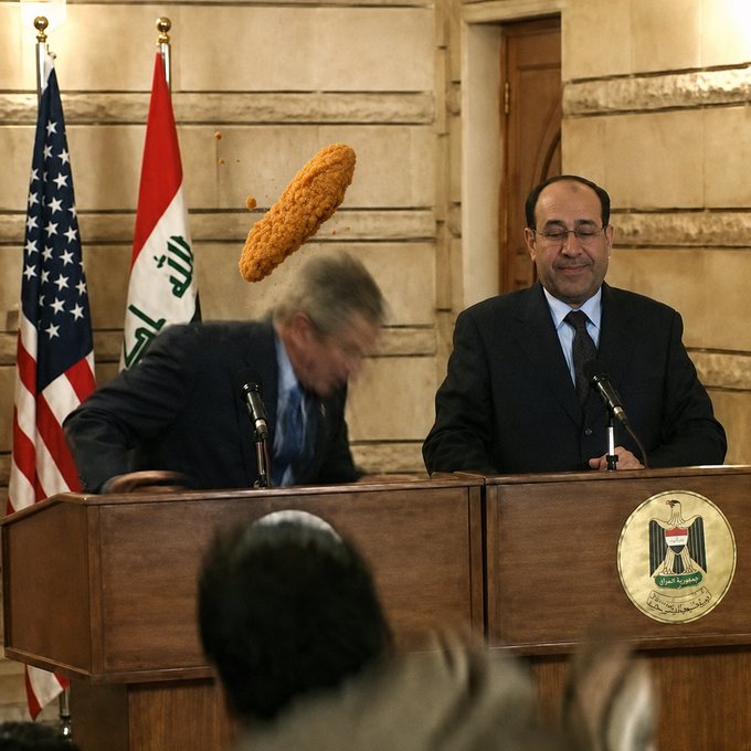A famous photograph showing a man dodging a flying shoe thrown at another man during a press conference, with the US and Iraqi flags visible in the background.