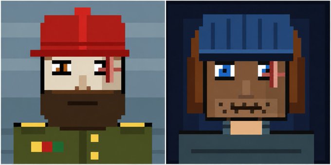 Two pixel-art character portraits shown side by side: one wearing a red hard hat with a military-style uniform, and another wearing a blue helmet with a similar uniform and a visible scar on the face.