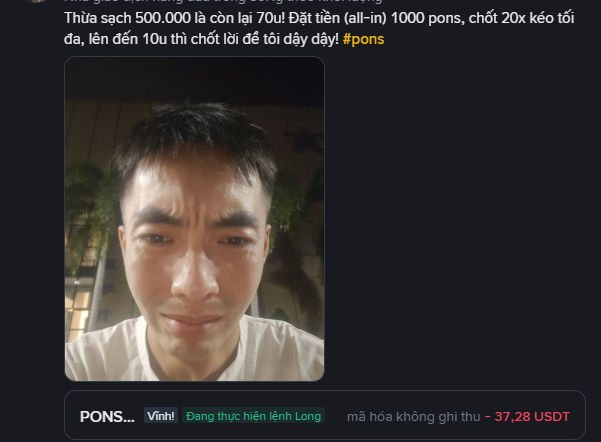 A social media post in Vietnamese with a crying man, advertising a 'pon' (likely a Ponzi scheme) where depositing all-in for 1000 points multiplies to 10x, showing a value of -37.28 USDT.