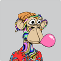 A colorful cartoon ape with bulging eyes is blowing a pink bubblegum bubble, visually representing Bored Ape #2130 which was purchased for 33 ETH according to the accompanying post.