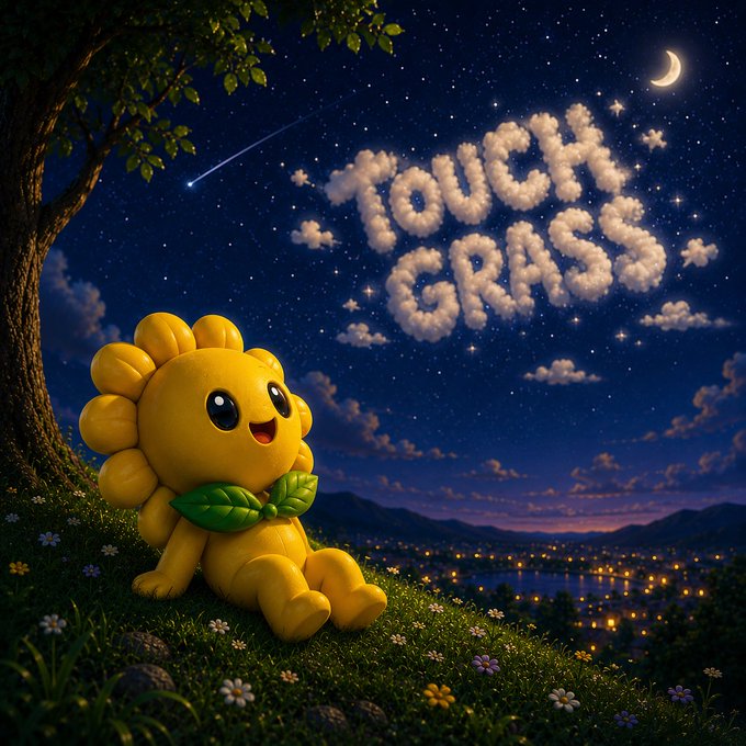 A digital illustration of a cute yellow sunflower-like creature sitting on grass under a night sky with stars, a crescent moon, and the phrase 'TOUCH GRASS' spelled out in clouds.