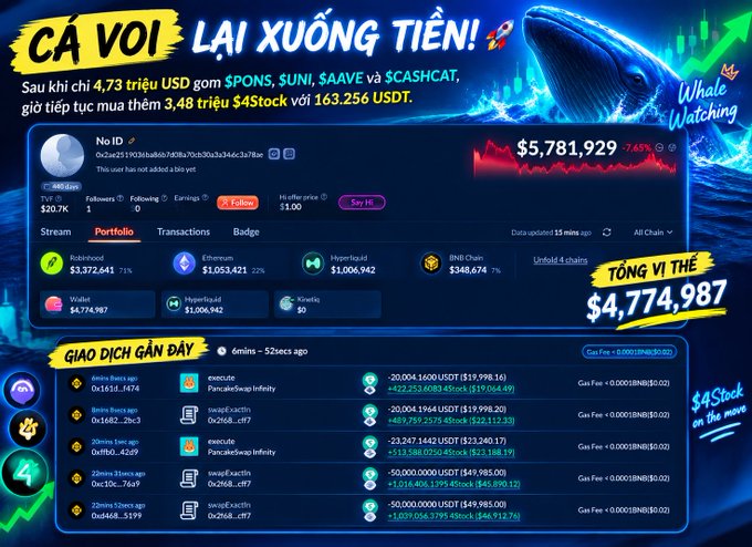 A Vietnamese cryptocurrency portfolio screenshot titled 'CÁ VOI LẠI XUỐNG TIỀN!' showing a wallet worth $5,781,929 with various token holdings including Bnbchain, Ethereum, and Hyperliquid, and recent trading activity with profits and losses.
