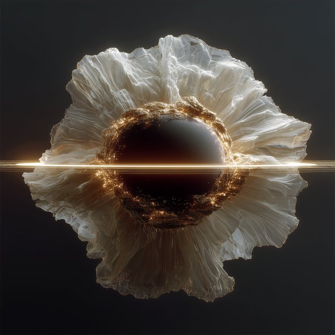 A surreal digital artwork depicting a dark sphere surrounded by a glowing golden ring and textured white ruffled material, bisected by a bright light beam against a black background.