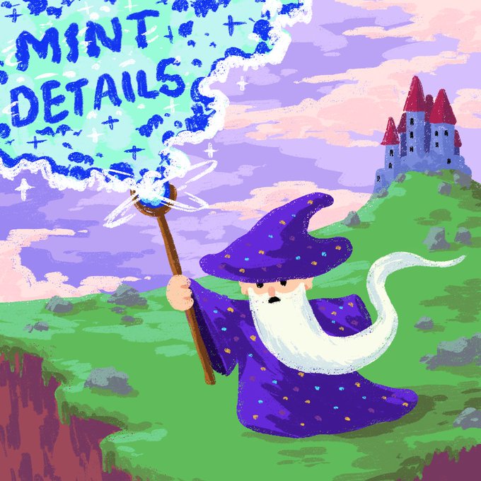 A pixel-art style illustration of a wizard in a purple starry robe casting a spell that reads 'MINT DETAILS', with a castle on a grassy cliff in the background.