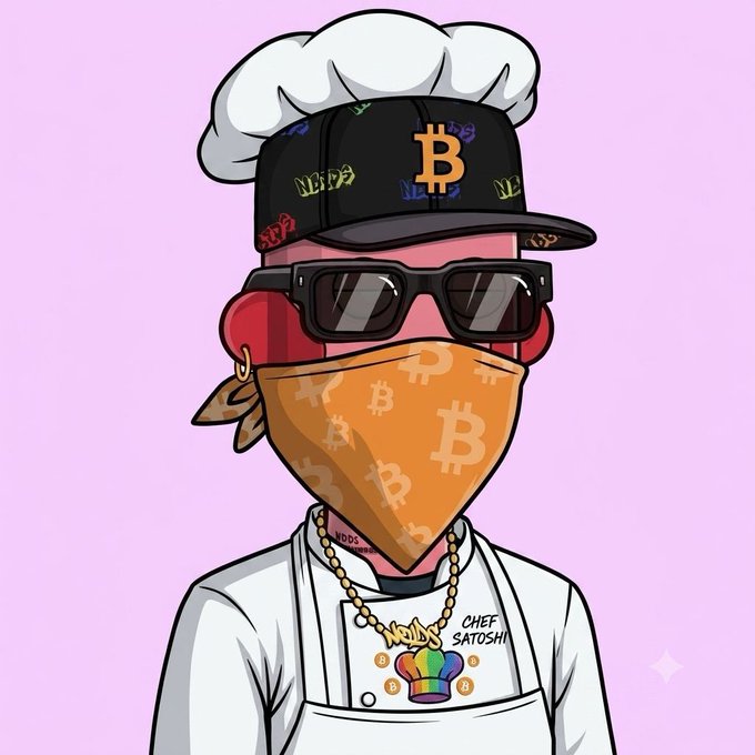 A cartoon chef character labeled "CHIEF SATOSHI" wears a Bitcoin-themed cap, sunglasses, an orange bandana covered in Bitcoin logos, and a "KING" medallion. The crypto chef avatar playfully ties into the post's "gm nfts We are back!!!" greeting, serving as a stylized NFT mascot welcoming the community.