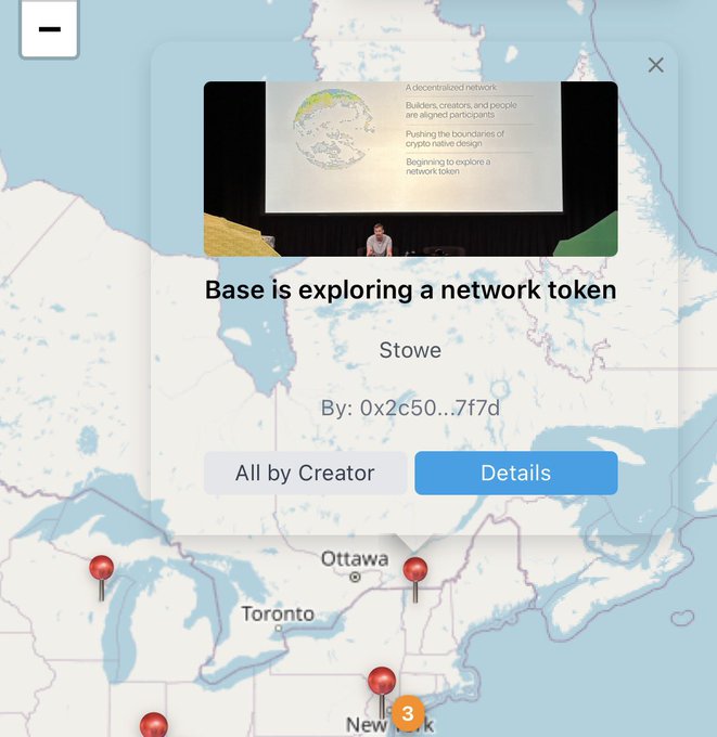 A map interface displays multiple red location pins across the northeastern United States and Canada near cities like Toronto, Ottawa, and New York, with a pop-up window showing "Base is exploring a network token" titled "Stowe" by creator "0x2c50...7f7d" alongside a presentation slide about a decentralized network. The image relates to the post by showcasing a geographic "Travel Mint NFT" product on the Base ecosystem, where users can place tokens at real-world locations to build out a decentralized network map.
