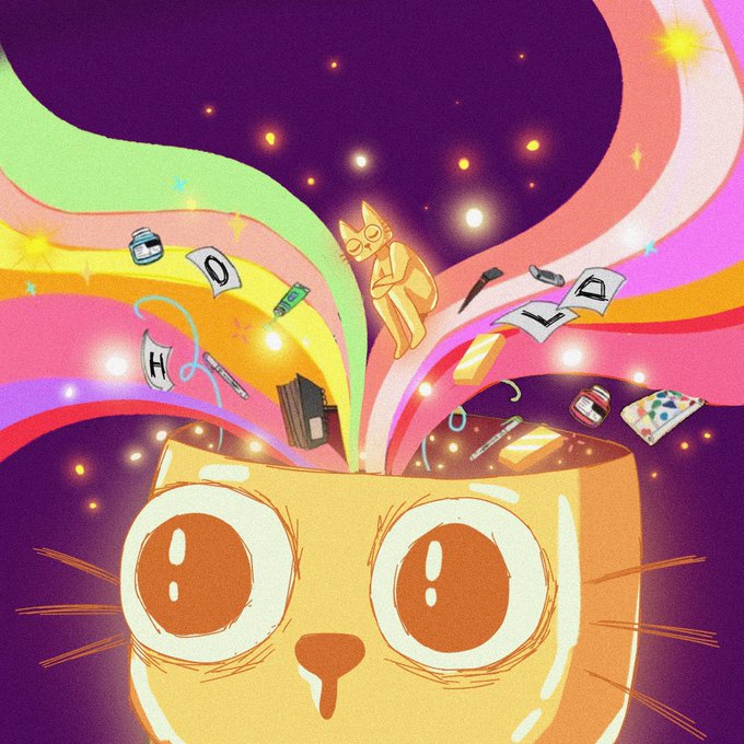 A cartoon orange cat with large expressive eyes has a magical explosion bursting from its head, releasing floating items like jars, notebooks, paper scraps reading "HOLD," and small paintings against a starry purple sky with rainbow ribbons. The whimsical illustration captures the creative overflow and imaginative energy referenced in the post about an artist's work potentially going "parabolic" with abundant, attention-grabbing art.
