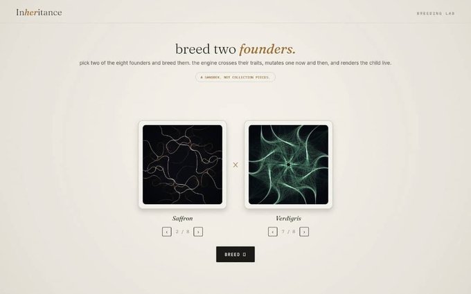 A screenshot of the 'Inheritance' NFT project website by 'Breeding Lab', showing the 'breed two founders' page with cards for 'Saffron' and 'Verdigris' and a 'BREED' button.