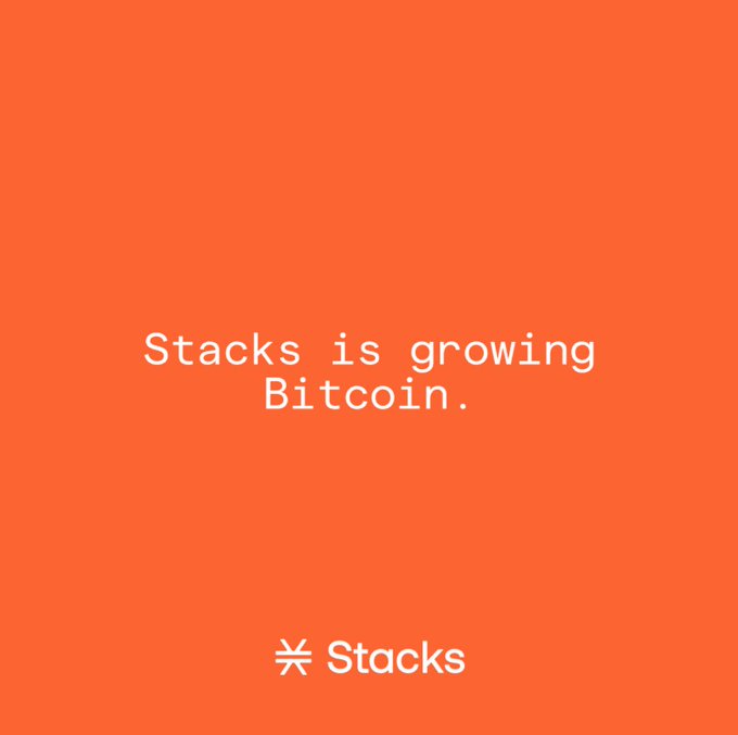 An orange graphic with white text reading 'Stacks is growing Bitcoin.' and the Stacks logo at the bottom.