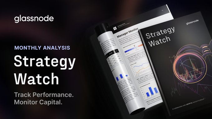 A promotional graphic for Glassnode's "Strategy Watch" Monthly Analysis, edition #8, produced in collaboration with CIG Crypto. The image showcases the report's cover—featuring "Strategy Watch" beside an illustration of binoculars over a chart—alongside an interior page titled "Manager Monitor" displaying bar and line charts of fund performance data. The tagline reads "Track Performance. Monitor Capital."