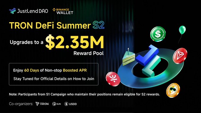 An advertisement for 'TRON DeFi Summer S2' by JustLendDAO and Binance Wallet, announcing an upgrade to a $2.35M reward pool with 60 days of boosted APR.
