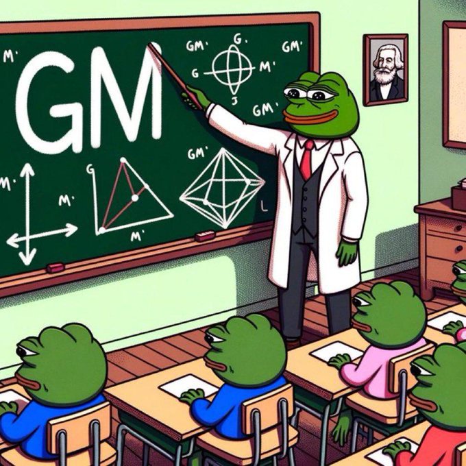An illustration of a frog teacher in a lab coat and tie pointing at a chalkboard displaying 'GM' with geometric diagrams, teaching a classroom of frog students.