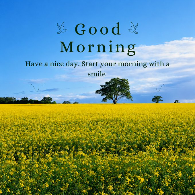 A vibrant field of yellow flowers stretches beneath a blue sky, featuring a lone tree and the text 'Good Morning - Have a nice day. Start your morning with a smile'.
