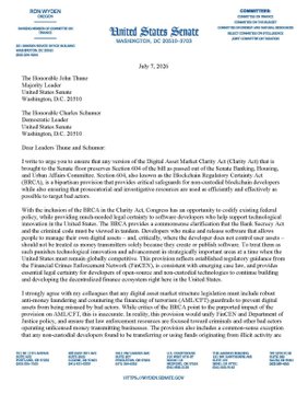 A letter from the Honorable John Thune, Chairman of the U.S. Senate Committee on Commerce, Science, and Transportation, dated July 5, 2024, addressed to The Honorable Charles Schumer, discussing the Blockchain Regulatory Certainty Act (BRCA) and Digital Asset Market Clarity Act (CLARITY). The image supports the post by showing the official Senate correspondence regarding the BRCA bill that the post advocates passing.