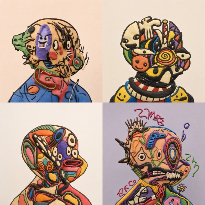 A collage of four colorful, abstract, hand-drawn artistic portraits featuring distorted faces and figures filled with various shapes, colors, and doodled elements.