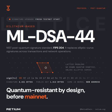 The image is a Retium protocol announcement titled "ML-DSA-44," highlighting the network's upgrade to the NIST-standardized Dilithium-based post-quantum signature scheme (FIPS 204), which replaces elliptic-curve signatures to ensure quantum resistance across the 2,421-byte signature and 1,312-byte key system before mainnet launch.
