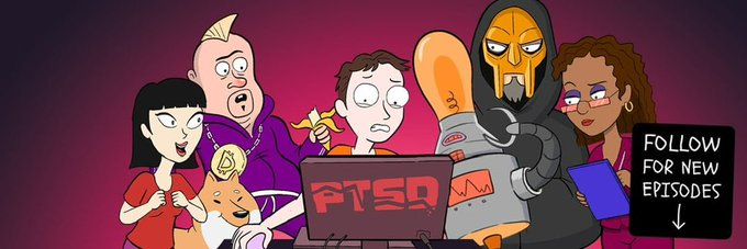 Cartoon-style artwork featuring several characters gathered around a laptop displaying 'PTSO', with a robot figure and a sign reading 'FOLLOW FOR NEW EPISODES'.