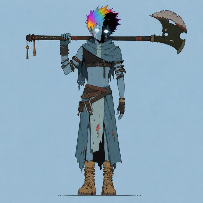 An anime-style character illustration of a blue-skinned warrior with glowing white eyes, spiky rainbow-colored hair, and tattered blue robes, holding a large battle axe across their shoulders against a pale blue background.