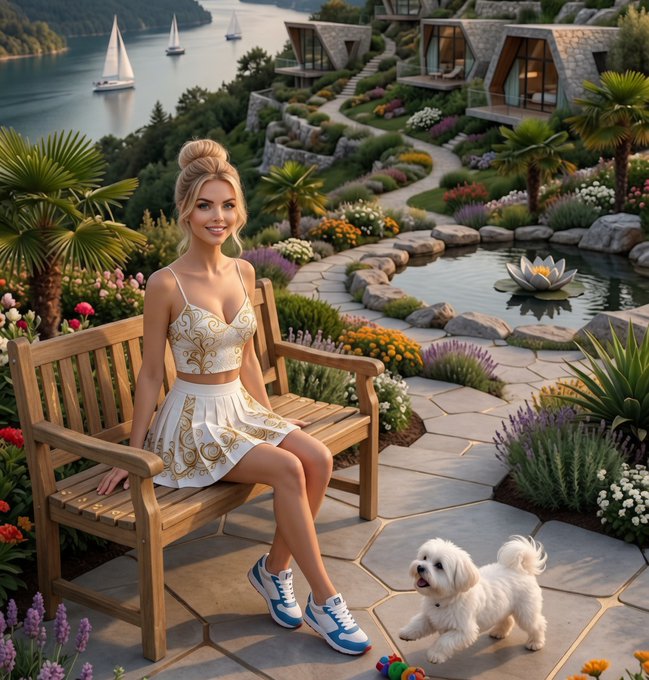 In this image, there's a woman sitting on a wooden bench with her dog by her side. They are both wearing white outfits that match each other. The scene takes place near a body of water where several boats can be seen sailing. There is also a potted plant and flowers in the background, adding to the overall aesthetic appeal of the image.

The post about the @wallchain project highlights its innovative approach to web infrastructure and emphasizes how it has grown across the blockchain space. The woman's outfit and her dog are symbolic representations of transparency and scalability within the context of the @wallchain project.