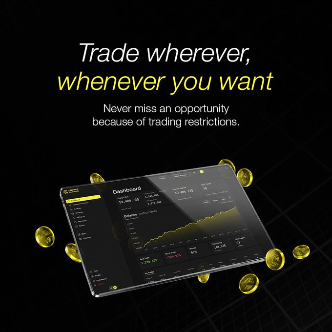 A trading dashboard displayed on a tablet with floating gold coins, showing account metrics like "Cory's Account," a balance of 52,486,735, and open trades including ticker "RKT" at 1,286.435. The ad copy emphasizes that with CFT, traders can access the crypto market anytime, anywhere—including weekends—aligning with the dashboard imagery by illustrating round-the-clock, unrestricted trading access.