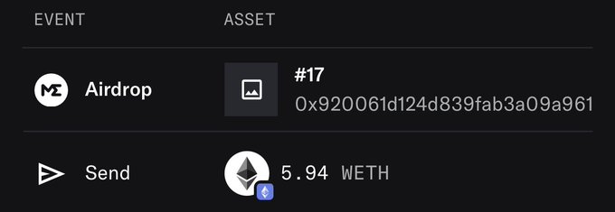 The image displays a transaction history showing two events: an "Airdrop" event for NFT #17 (contract 0x920061d124d839fab3a09a961...), and a "Send" event of 5.94 WETH (Ethereum), visually confirming the post's mention of the 5.94 WETH loss likely sent to the drainer address 0x860bb7ce155d0a14574ce10033bec2c981739c8d.