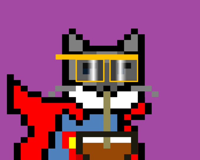 A pixel art illustration of a cat-like character with glasses, a red cape, and a hammer, set against a purple background.