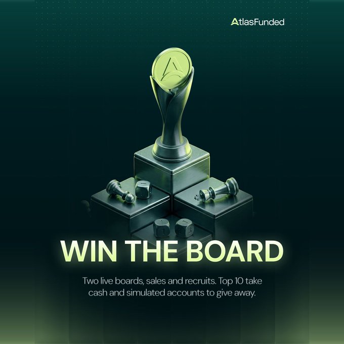 A promotional graphic for AtlasFunded's Affiliate Month features a gold trophy and chess pieces with the headline "WIN THE BOARD," highlighting the two live competition boards for sales and recruits and prizes including a $7,500 cash pool for the top 5 and $750K in Instant Zero accounts for 6th-10th place.