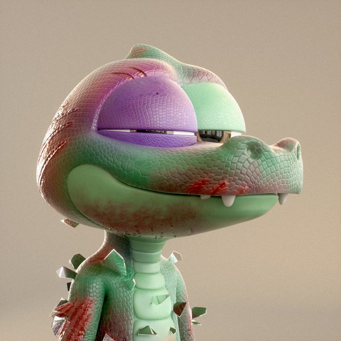 A 3D-rendered cartoonish green and purple dragon or dinosaur character with a textured scaly surface, small horns, and sharp teeth against a beige background.