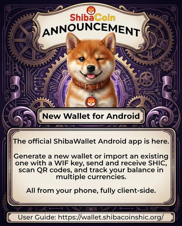 The image features a ShibaCoin announcement, which includes an illustration of a dog wearing a collar with a tag that reads "SHIBA". The background of the image has gears and cogs, suggesting a connection to machinery or technology. The text in the image indicates that the ShibaCoin app is now available for Android users, and it encourages users to download the app and use it on their phones.