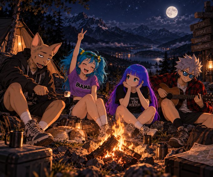 An anime-style illustration showing four characters gathered around a campfire at night under a full moon, with one wearing a "BULMA" shirt, another a "HAUNTED TIM BURTON" shirt, and a wooden sign reading "BETTER PEOPLE BRIGHTER TOMORROWS."