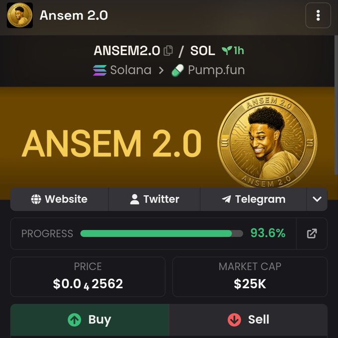 The image shows the Pump.fun listing page for the memecoin "ANSEM 2.0" ($ANSEM2.0/SOL) on the Solana blockchain, featuring a golden coin with Ansem's portrait, displaying a bonding curve progress of 93.6%, a price of $0.0�42562, and a market cap of $25K. This directly matches the post announcing $ANSEM 2.0's launch on Solana with the provided contract address.