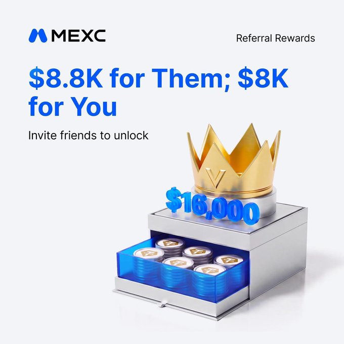 The image is a MEXC promotional graphic for a "Referral Rewards" campaign, headlined "$8.8K for Them; $8K for You – Invite friends to unlock," featuring a golden crown atop a drawer filled with crypto coins and a "$16,000" prize display. It visually represents the lucrative referral incentives mentioned in the accompanying post about MEXC's Power Start S4 event.