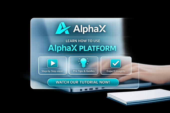 A promotional graphic for the AlphaX platform featuring a holographic-style overlay with three feature buttons: 'Step-by Step videos', 'Pro Tips & Guides', and 'Expert Insights', with a 'WATCH OUR TUTORIAL NOW!' button.
