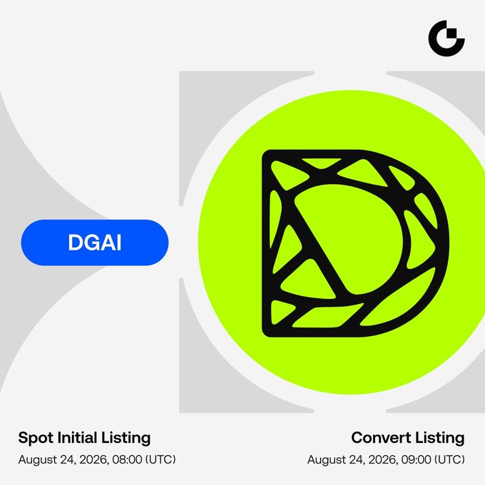 A promotional graphic for the Gate.io exchange announcing the listing of $DGAI (the "Decentralized AI Smart Network" token), featuring a lime-green background with the DGAI logo. Text indicates a Spot Initial Listing on August 24, 2026, at 08:00 UTC, followed by Convert Listing at 09:00 UTC.