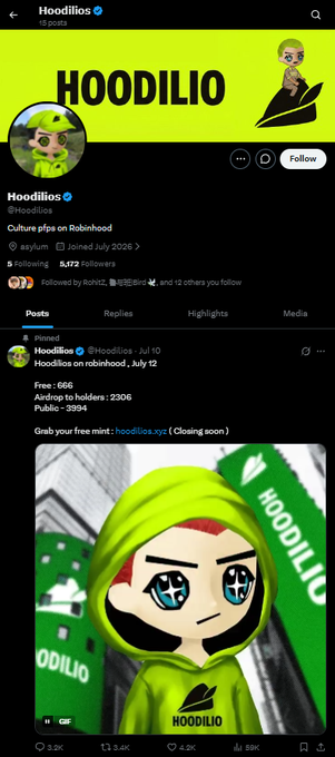 The image shows the verified X (Twitter) profile of "Hoodilios" (@hoodilio_), described as "Culture pips on Robinhood," with a pinned post dated July 10 stating "Hoodilios on robinhood, July 12" alongside engagement metrics and details about a free mint at hoodilios.xyz. The profile features a green-hooded cartoon mascot, which matches the context of the post explaining this as the original Hoodilio project, with the art created in September 2025 and plans tied to a Robinhood listing.