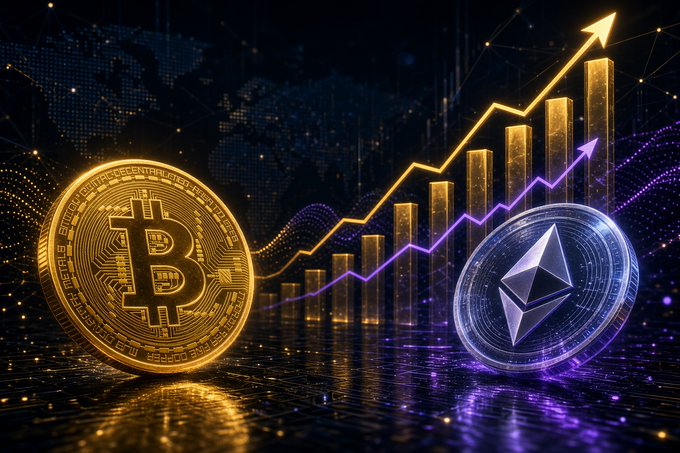 A digital graphic featuring Bitcoin and Ethereum cryptocurrency coins alongside an upward-trending bar chart with gold and purple arrows against a world map backdrop.