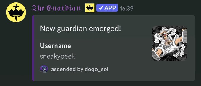 A Discord notification from "The Guardian" bot announces that user "sneakypeek" has ascended to Guardian status by "doqo_sol," featuring an anime-style character avatar. The timestamp shows 16:39, with a purple emoji and ✓APP indicator at the top.