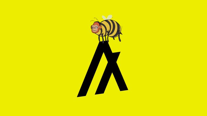 A cartoon bee character with a human-like face stands atop a black stylized letter 'A' against a bright yellow background.