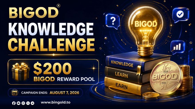 This image promotes the BIGOD Knowledge Challenge with a $200 BIGOD reward pool, ending August 7, 2026, encouraging users to share their insights on BIGOD's potential.