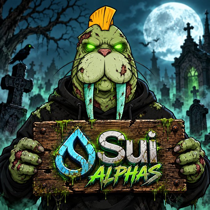 A horror-themed NFT-style artwork of a zombie walrus-like creature with a yellow mohawk holding a wooden sign reading 'SUI ALPHAS' against a graveyard backdrop.