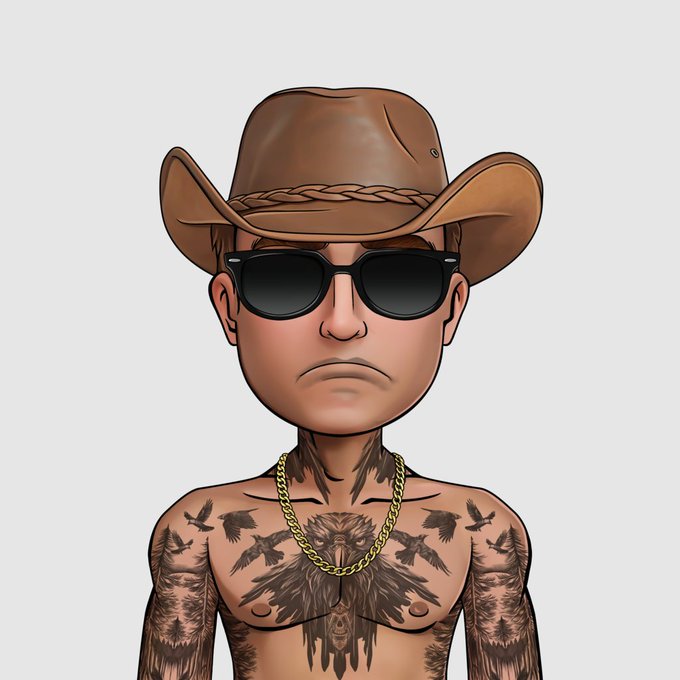 A digital illustration of a cartoon character wearing a brown cowboy hat, black sunglasses, and a gold chain, with tattoos covering his chest and arms.